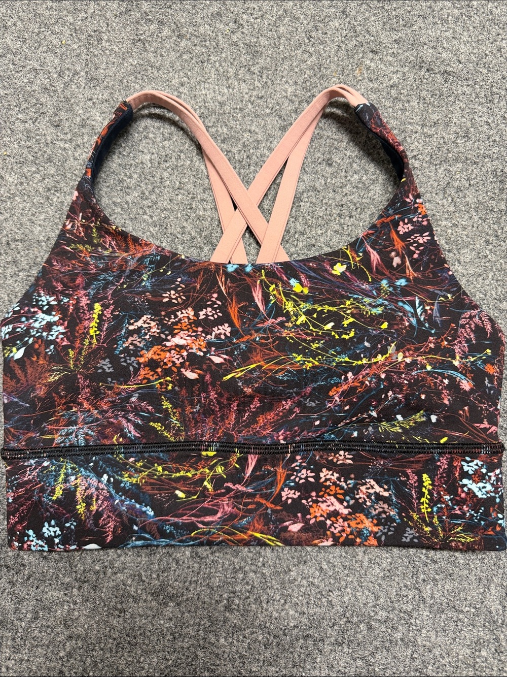 lululemon athletica Dark Floral Sports Bra with Pink Crisscross Straps